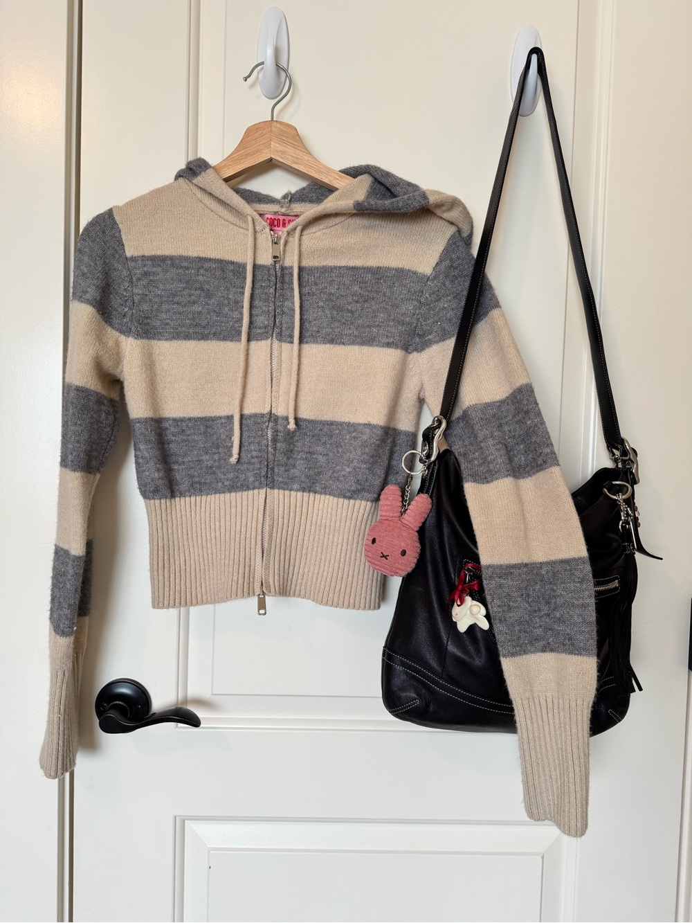 Cozy Hooded Zip Sweater - Beige & Gray-ish Blue Stripe